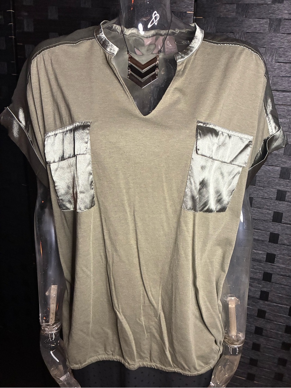 Chico's Olive Green Satin-Trim Pocket Tee